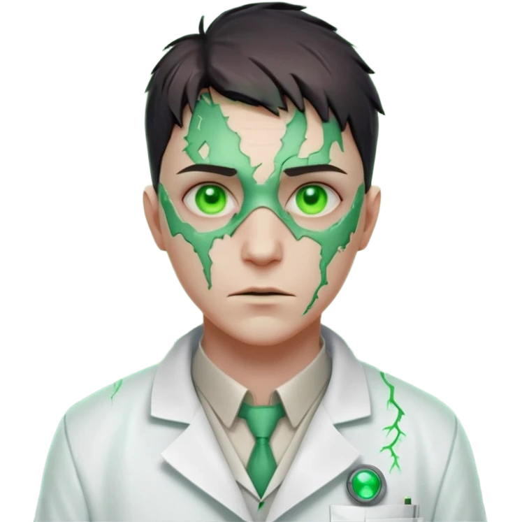 laboratory mutant portrait, head and shoulders only, glowing green veins, torn lab coat collar, mutated eyes, sci-fi experiment vibe, 3D cartoon, mobile game icon style, clean background, no text, no watermark

 emoji