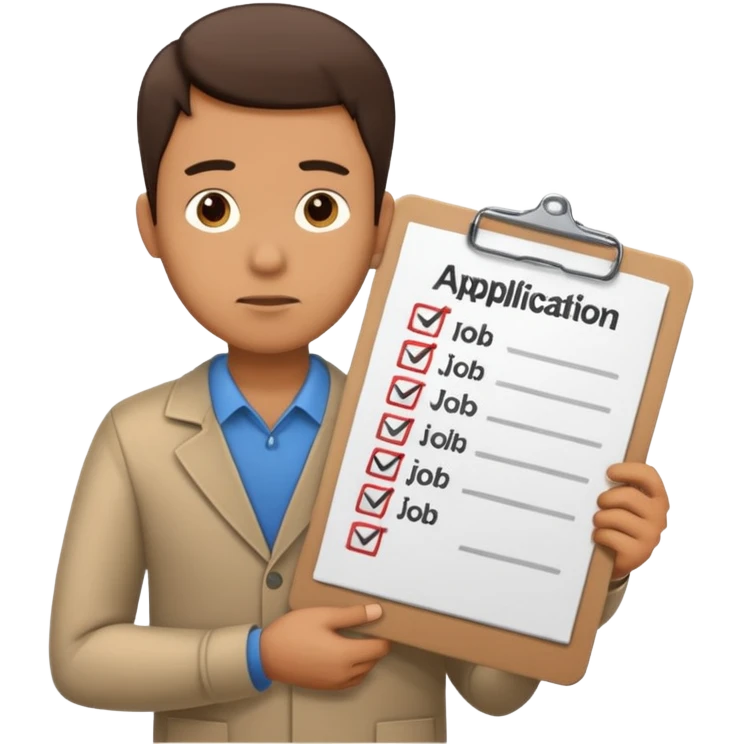 Man looking sad while holding a clipboard with a checklist that has a heading that says job application  emoji