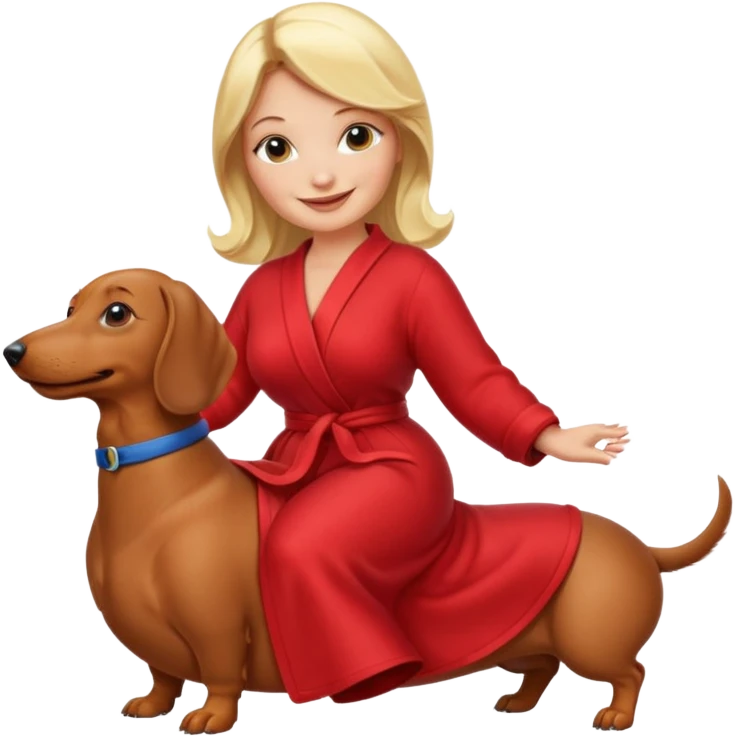 A blonde curvy woman riding on top of a dachshund wearing a red robe emoji