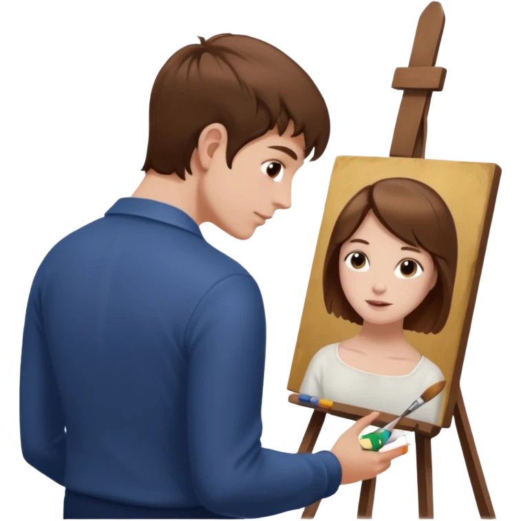 the white artist stands with his back to the painting, painting a portrait emoji