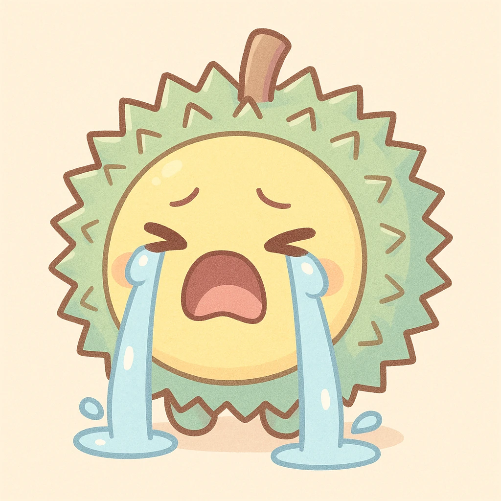 chibi-style round durian character with a green spiky shell and yellow flesh, crying dramatically with big teardrops, in pastel colors emoji