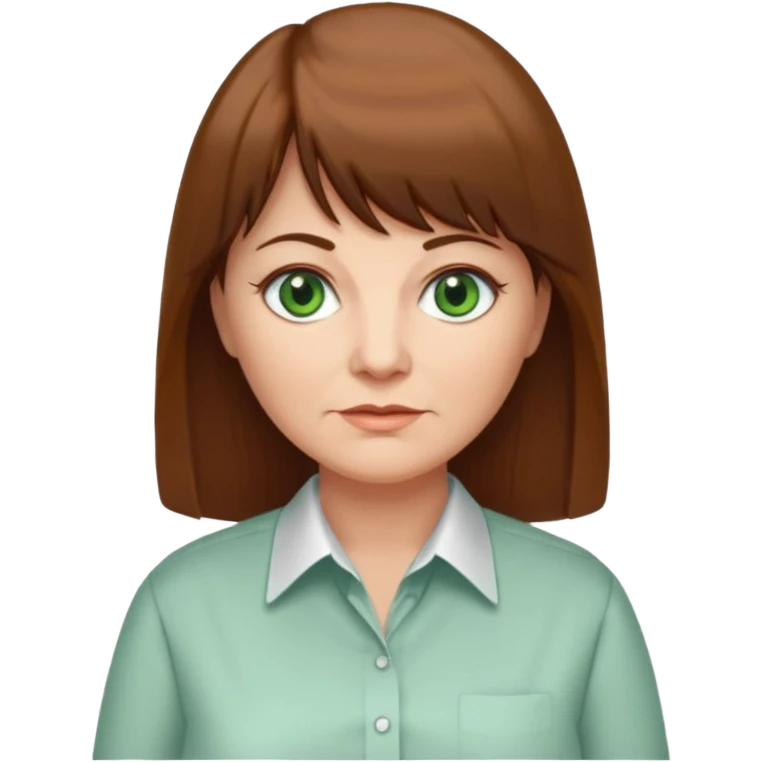 60 yr old woman, green eyes, long straight hair, business shirt, chubby, bangs emoji