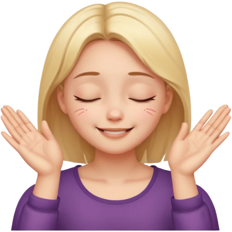 Девушка довольная своей кожей и состоянием. Руки ладонями касаются щек. Глаза закрыты, на губах улыбка emoji