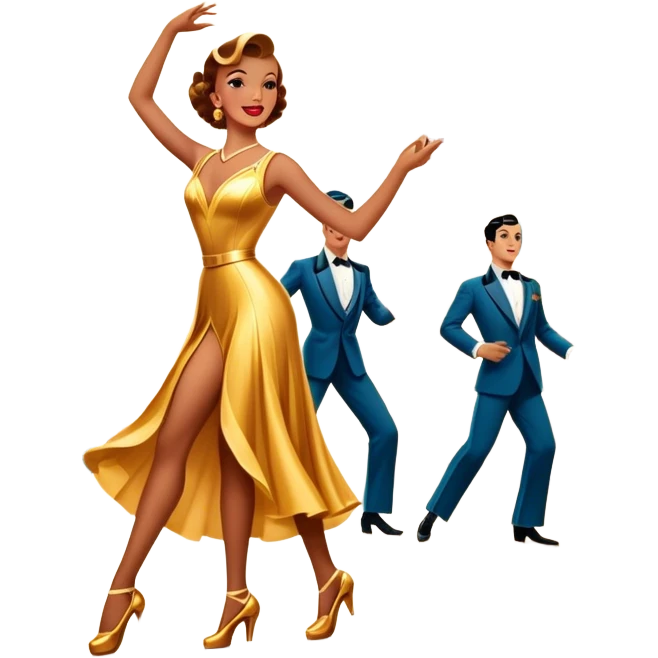 Vintage movie poster-style icon for a musical film. The cityscape glows in the background, evoking the golden era of musicals. A vibrant street scene with bright lights, dancers mid-step, a singer with a microphone. Transparent background. emoji