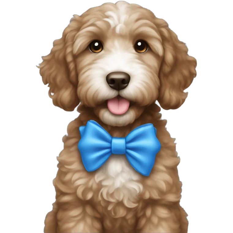 dark brown goldendoodle puppy white nose and chest blue bow in ear  emoji