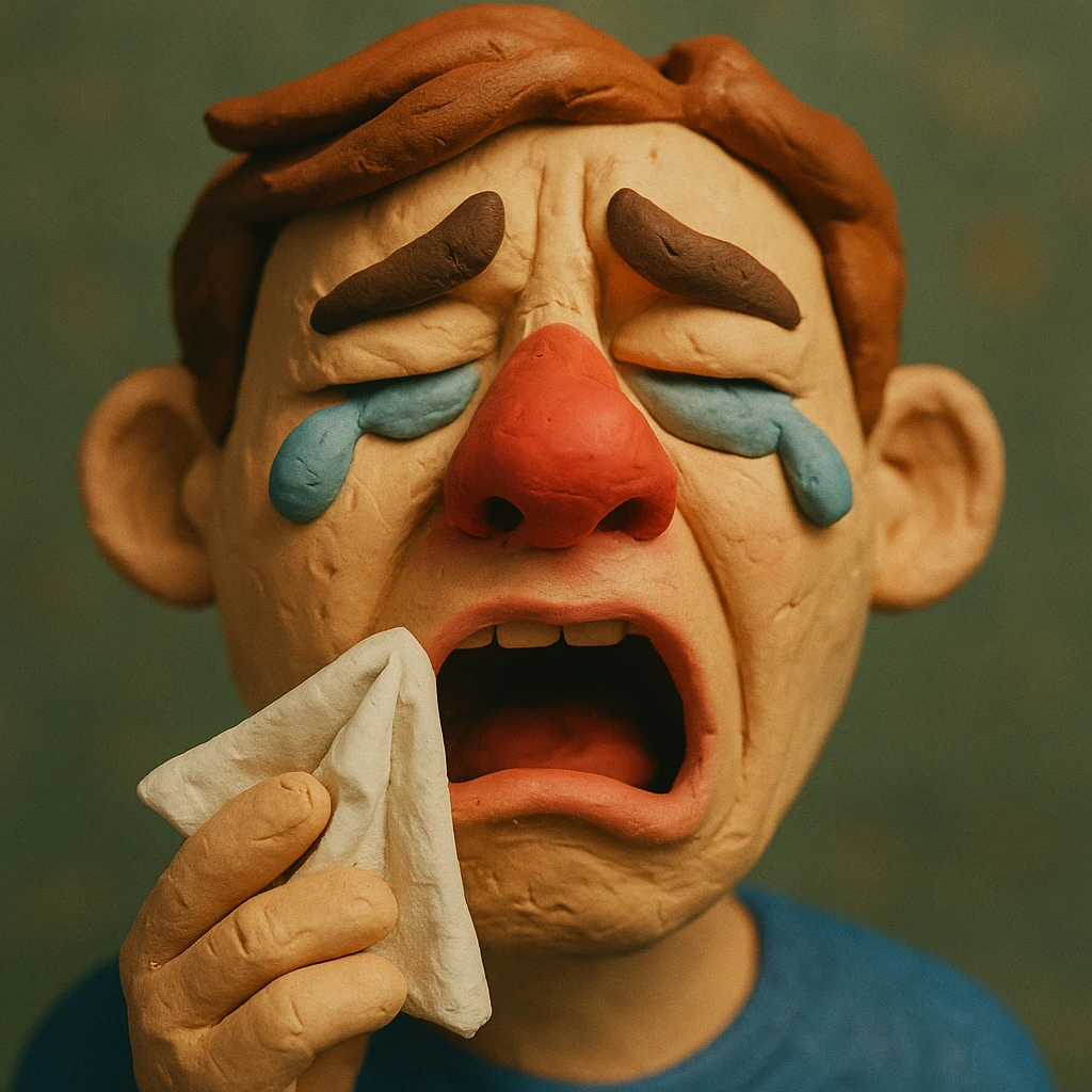 allergic face with red nose, watery eyes, sneezing, claymation style emoji