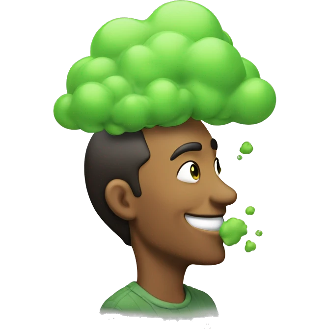 Very satisfied looking smiling man taking a deep sniff of green cloud emoji