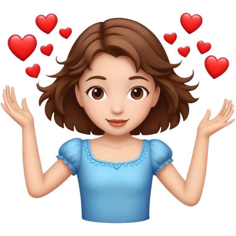 Girl with brown hair dancing and hearts around her emoji
