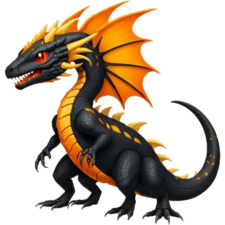 Magmatic fiery badass cool obsidian-Black and golden-orange Helioptile-Amaura-Salandit-Fakémon-hybrid-creature (full body)  emoji