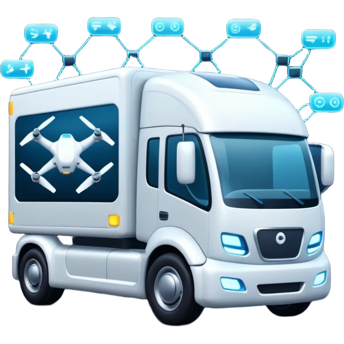 create a realistic emoji of a futuristic warehouse automation, autonomous trucks, smart drones, and glowing data networks — cinematic lighting, innovation atmosphere. emoji