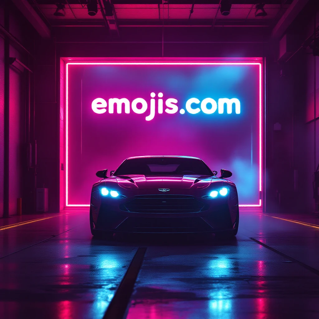 Cinematic still of a futuristic car parked front to camera inside neon garage with led behind saying "emojis.com", room fill with haze, very detailed and futuristic ,inspired by cyberpunk 2077 emoji