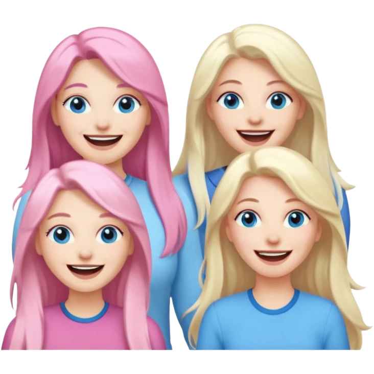 four adult white women laughing and smiling.  Two have long dark brown hair.  One has long pale pink hair and blue eyes. one has with blue eyes and light blonde hair. emoji