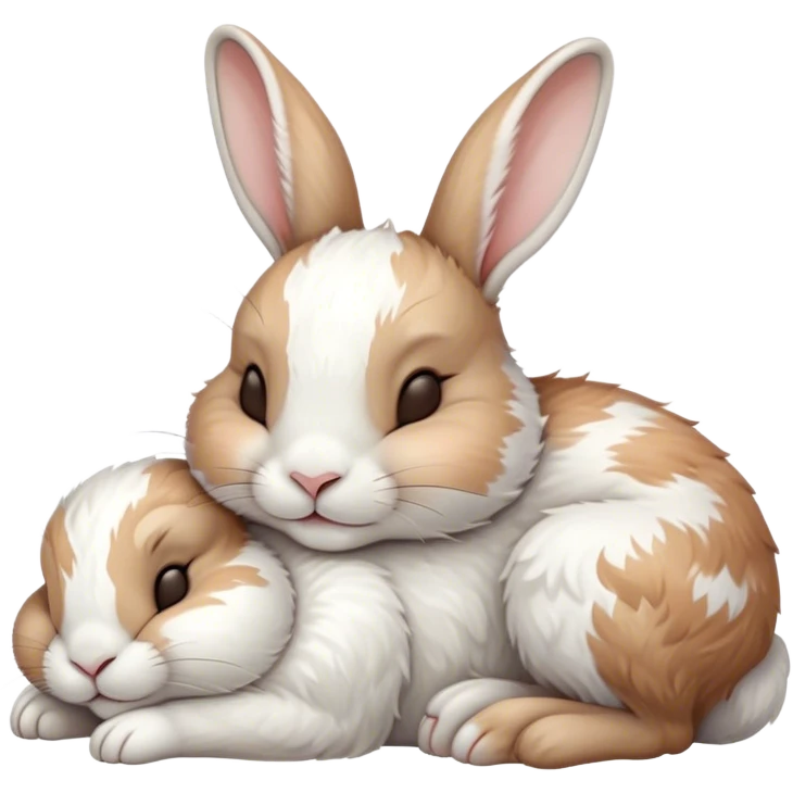 Meme-Worthy Cute Sleeping White and Brown Rabbit Portrait Emoji, Head resting peacefully with a contented smile, showcasing a delightfully balanced build and a luxuriously soft patterned fur of white and brown, eyes shut in a serene nap, Simplified yet hilariously adorable features, highly detailed, glowing with a soft, drowsy light, high shine, relaxed and utterly lovable, stylized with an air of playful laziness, bright and heartwarming, soft glowing outline, capturing the essence of a comically sleepy bunny, so meme-worthy it feels like it could instantly become the next viral sensation of adorable slumber! emoji