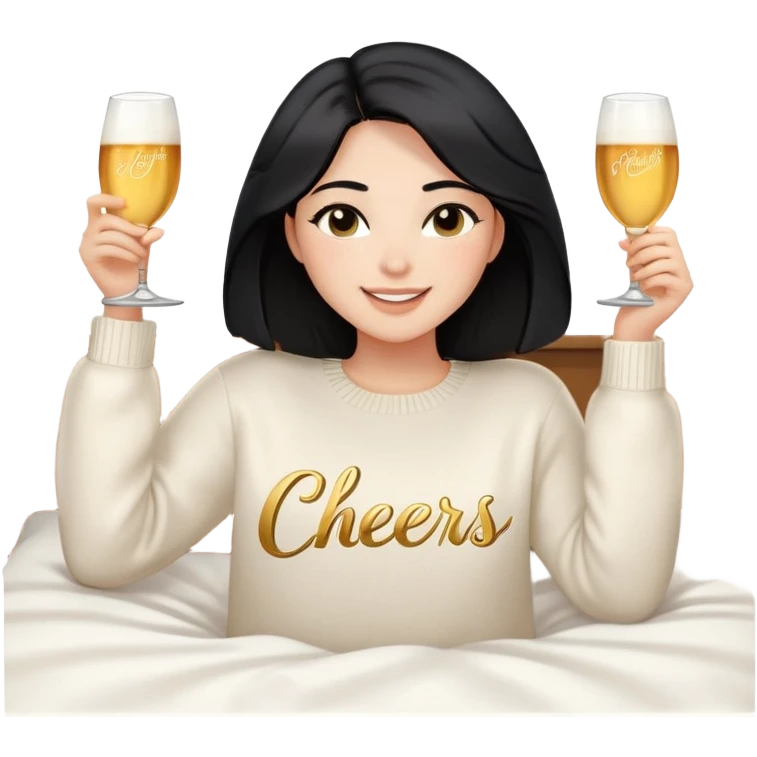 A woman with shoulder-length black hair, light to medium skin tone, full cheeks, and almond-shaped eyes, wearing a white sweater with the word 'cheers' in gold script, lying comfortably on a bed with soft lighting, joyful and radiant expression, no drinks. emoji