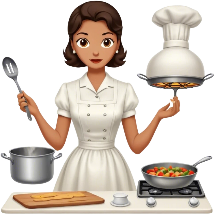 Beautiful woman in 1950’s woman fashion look, white dress, long dark brown hair, cooking emoji