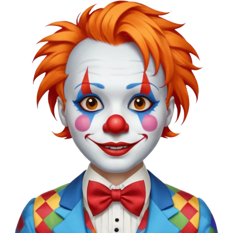 Orange hair styled in upward tufts.

White face paint, red nose, red lips, and thin black eyebrows.

Wearing a colorful patchwork clown suit with a big blue bow tie.

Happy, cheerful smile. emoji