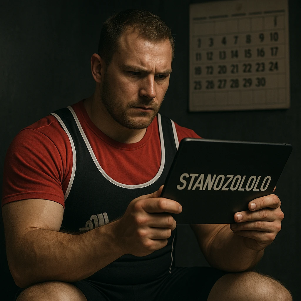 European powerlifter in competition clothing observing a tablet labeled 'STANOZOLOLO', attentive look, private environment, calendar in background, secretive atmosphere, realistic details emoji