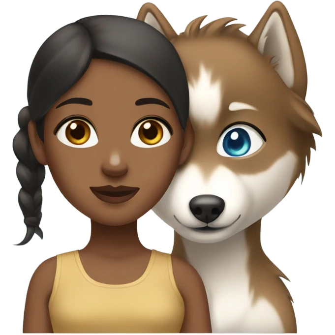 Brown girl with blue eyes next to a female Husky beige golden with green eyes emoji