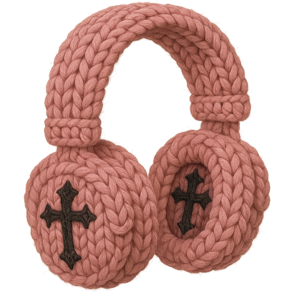 pink gothic headphones with yarn textures and gothic embroidery in knitted patch style emoji