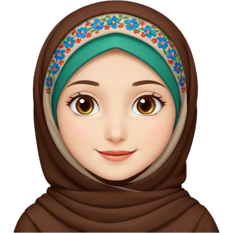 Turkish beautiful finish Konya girl brown eyes white skin with red blue green mini flowers hijab and brown islamic dress and smiles emoji