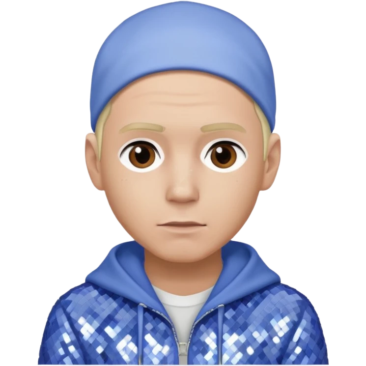 Eminem with platinum blonde hair, periwinkle sequin outfit emoji
