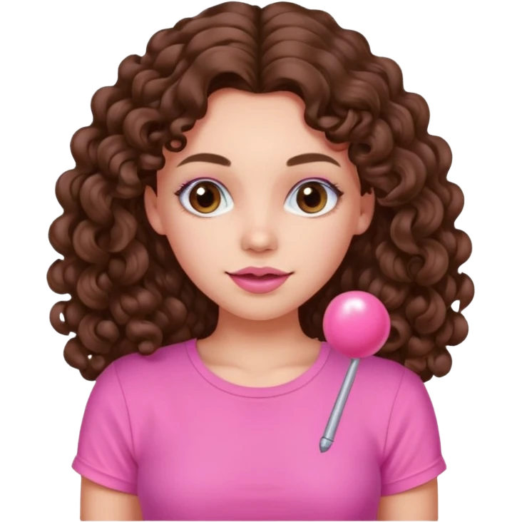 crée moi une jeune fille très belle avec les cheveux bouclés long brune avec un top rose bonbon  emoji