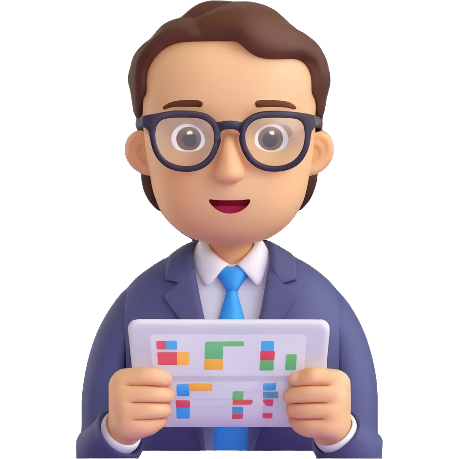 man wearing glasses and looking at data, 3D emoji style emoji