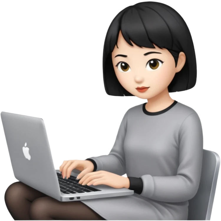 Asian girl with black short hair typing on Mac laptop emoji