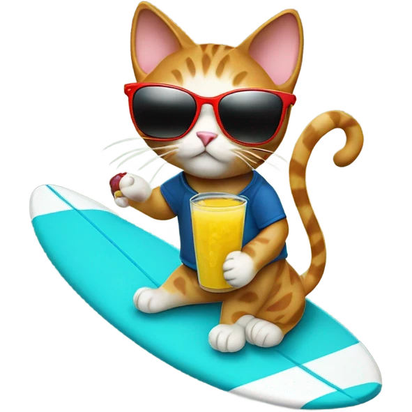 Cat with sunglasses riding a surfboard holding a juice box emoji