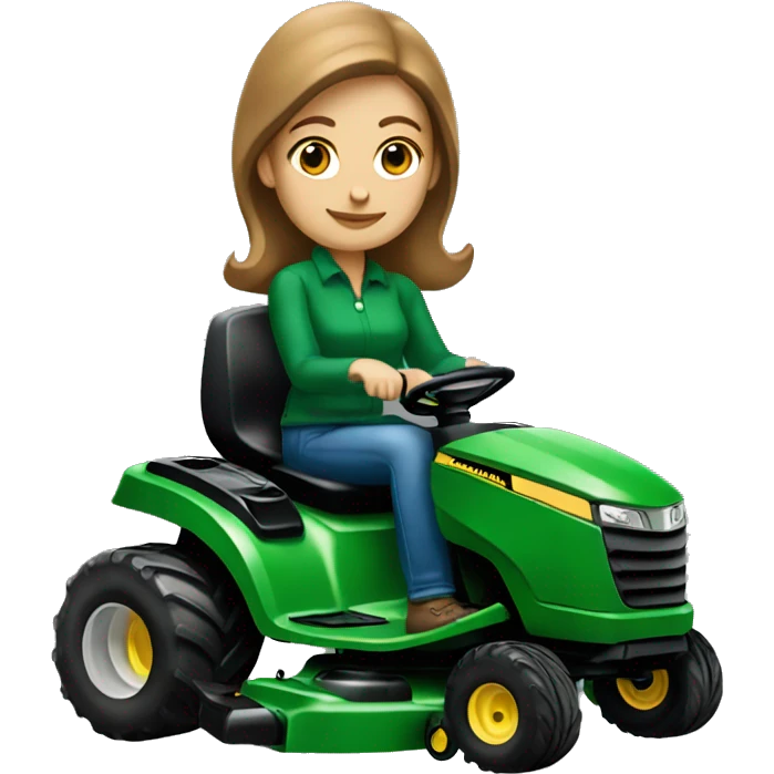 white woman with brown hair on a john deer lawnmower emoji
