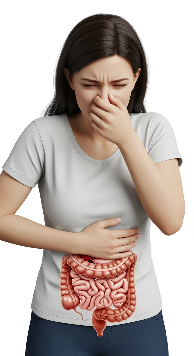 DONNA CHE SI TIENE LA PANCIA CON LA MANO E SI TAPPA IL NASO PER LA PUZZA, INTESTINO UMANO ANATOMICO IN EVIDENZA, ISOLATA SU SFONDO BIANCO emoji