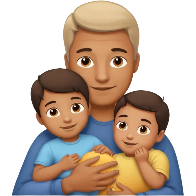 The father stands under the soft sunlight, his strong arms holding his child close to his chest, his gentle face glowing with a warm smile. emoji