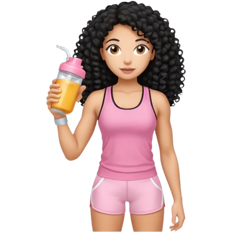 Mixed-race athletic woman with honey skin and long black curly hair wearing baby pink tank top and white shorts, holding a protein shaker emoji