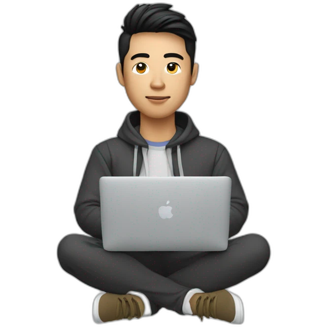 Millennial Asian man in athleisure coding on Macbook emoji