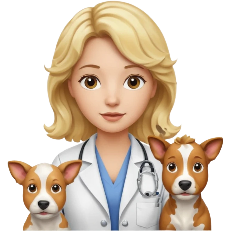 Joven mujer, de cabello rubio con ondas, veterinaria de perros, vacas y caballos emoji
