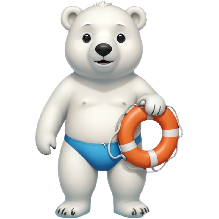 full body friendly anthropomorphised polar bear wearing swim shorts, life buoy around waist, swim goggles, standing with water pooled around feet emoji