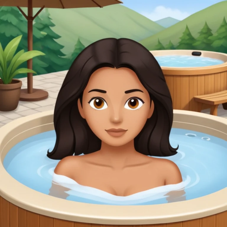Woman with dark hair in outdoor hot tub, zoomed out perspective emoji