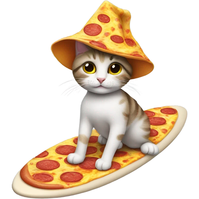 Cat wearing a pizza hat surfing emoji