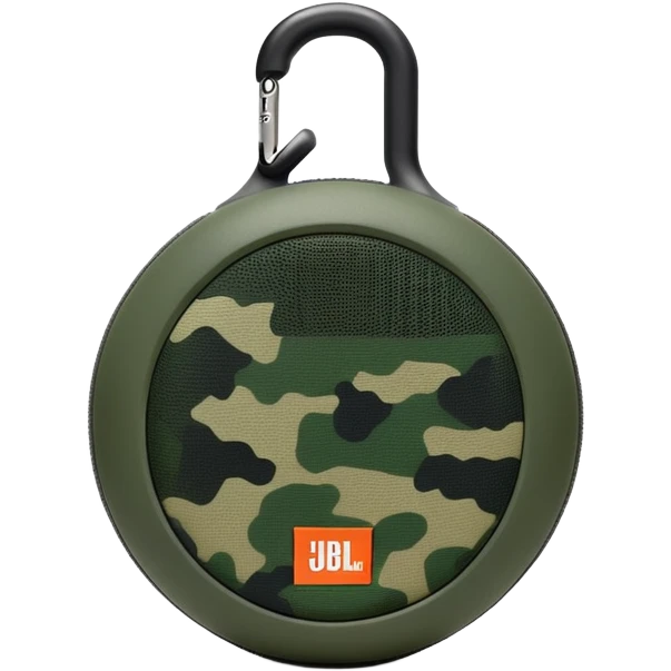 Simple JBL Clip 4 portable speaker with correct round body and built-in carabiner hook, minimal green camo pattern, iOS emoji style emoji