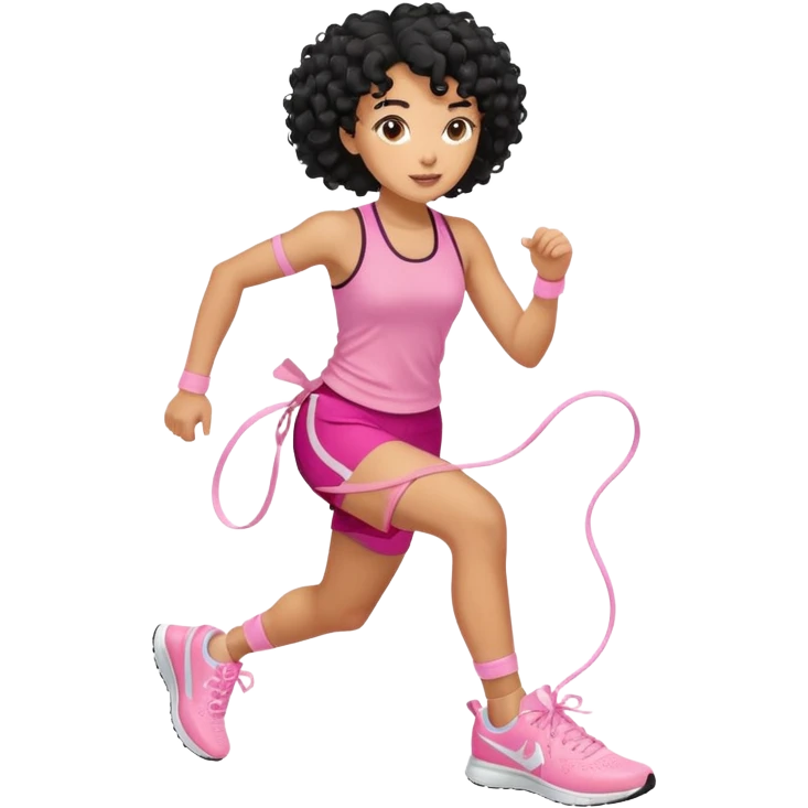 Mixed-race athletic woman with caramel skin, black curly hair, wearing pastel pink running shoes, tying laces emoji