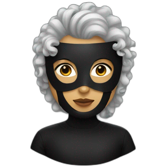 A person wearing a black mask with curly pony hair emoji