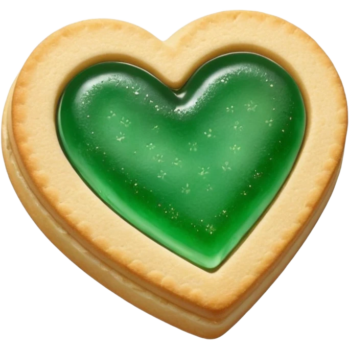 Realistic shortbread cookie in the shape of a heart with mint jelly middle filling and sprinkled powder sugar on top. emoji