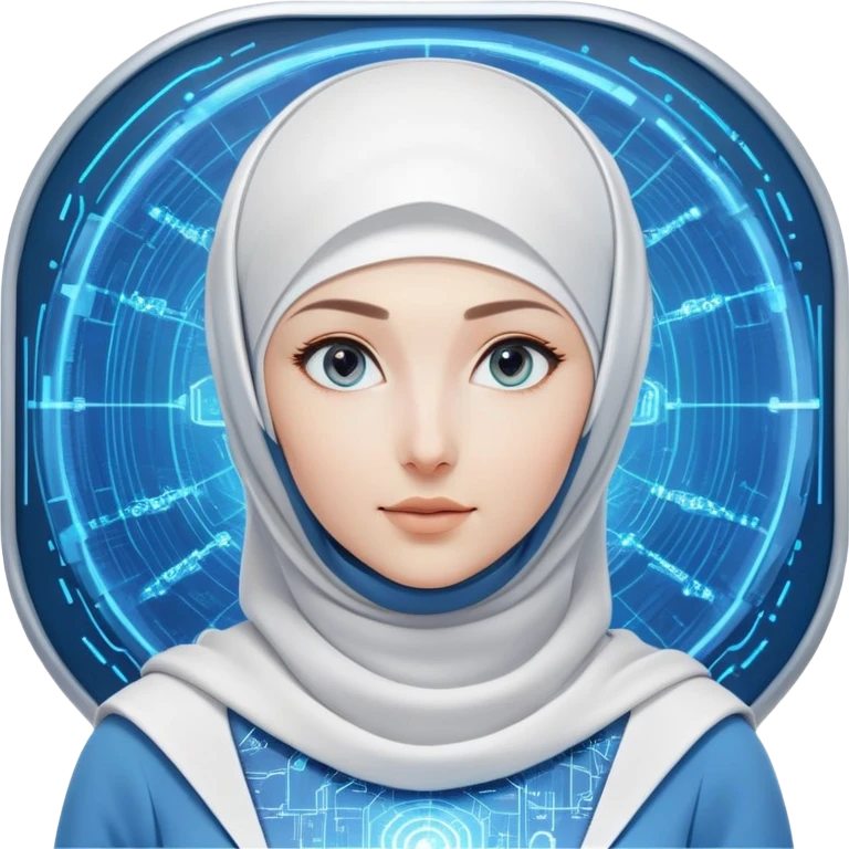 woman with white hijab wearing blue outfit, looking straight ahead, surrounded by futuristic screens showing advanced holographic interfaces, AI visualizations, quantum data patterns, circuit networks, high-tech metaverse elements emoji