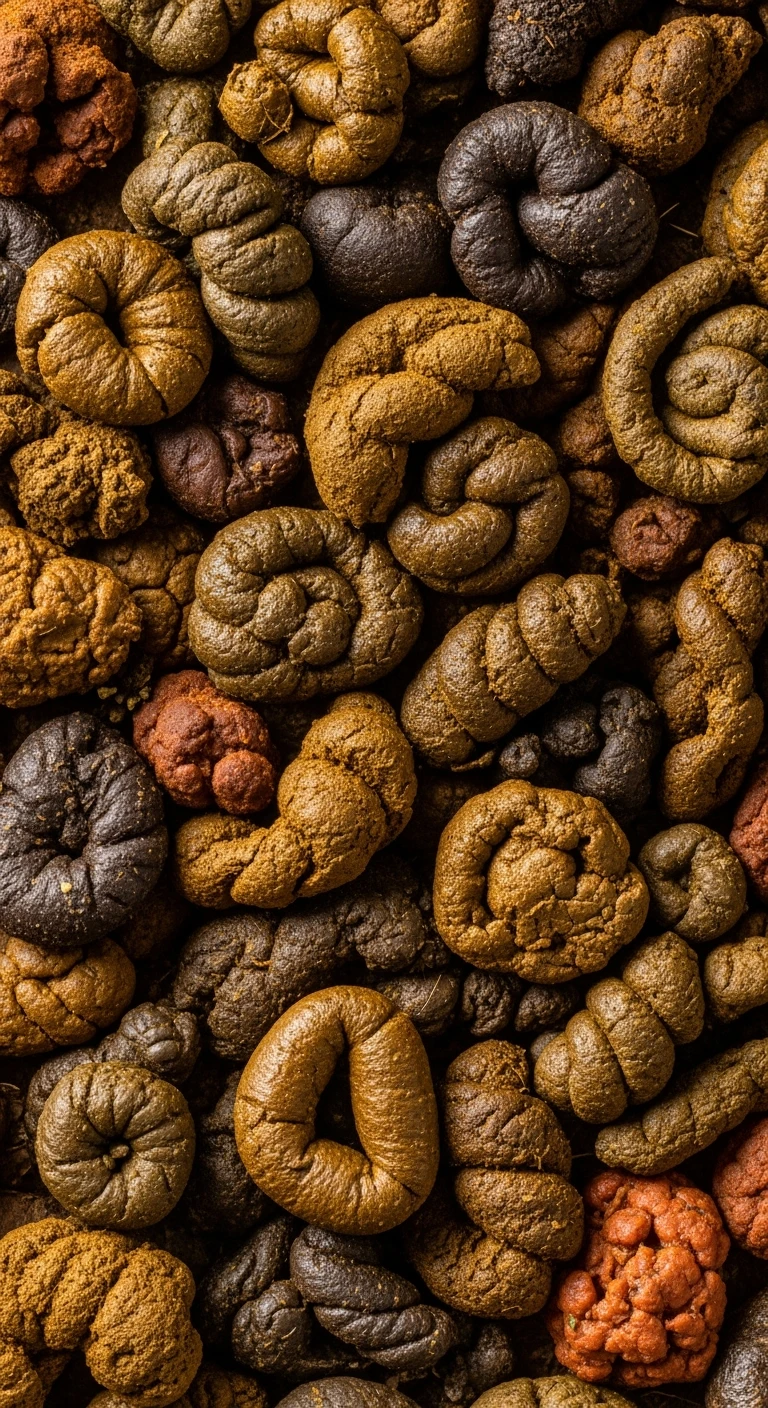 FECI DI ANIMALE VISTE DALL'ALTO DI FORMA, DIMENSIONE E COLORI DIFFERENTI, IPERREALISTICA 4K emoji