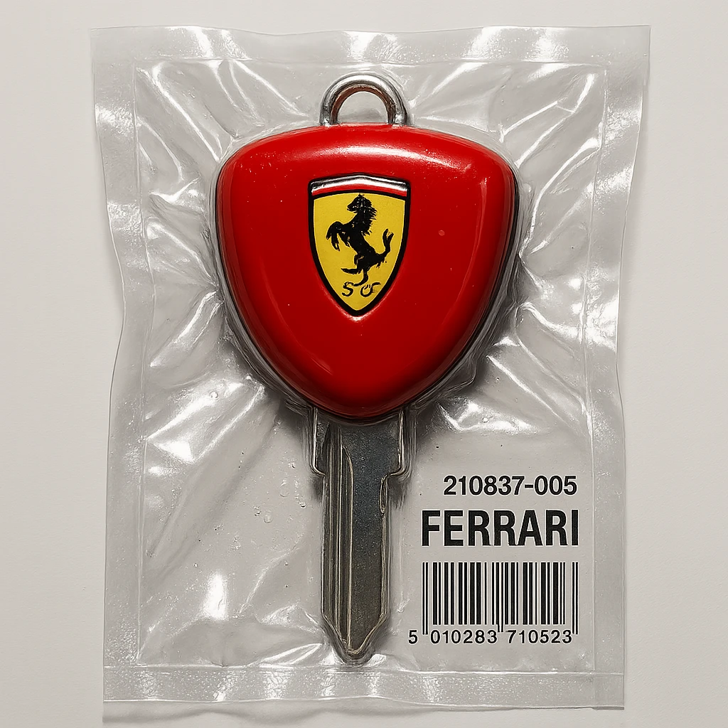 classic Ferrari car key, red, chrome details, Ferrari logo, glossy emoji