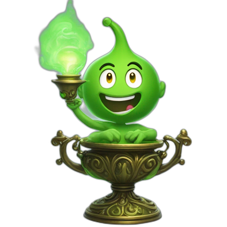 green genie coming out of a genie wonder lamp, environmentally friendly, represensting unrealistic hopes emoji