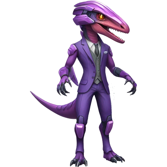 Colorful Edgy Velociraptor-Genesect-Fakémon-Pokémon wearing a with a futuristic helmet And suit Full Body emoji