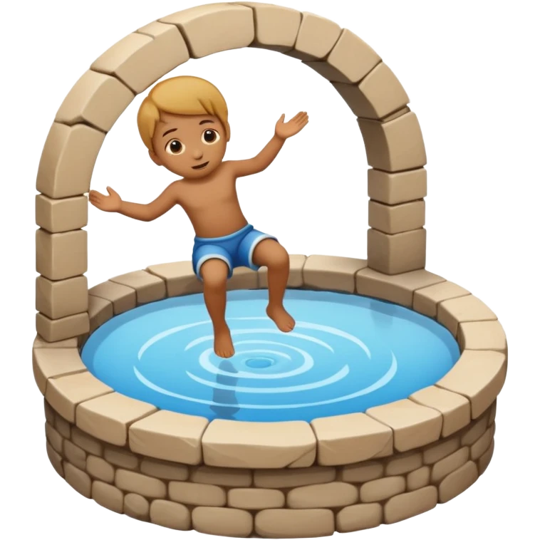 Create a clean emoji-style icon showing a small child falling into a round stone water well. The well must be clearly recognizable: circular stone rim, dark opening. Show the child mid-air, tilted downward above the well with simple motion lines. emoji