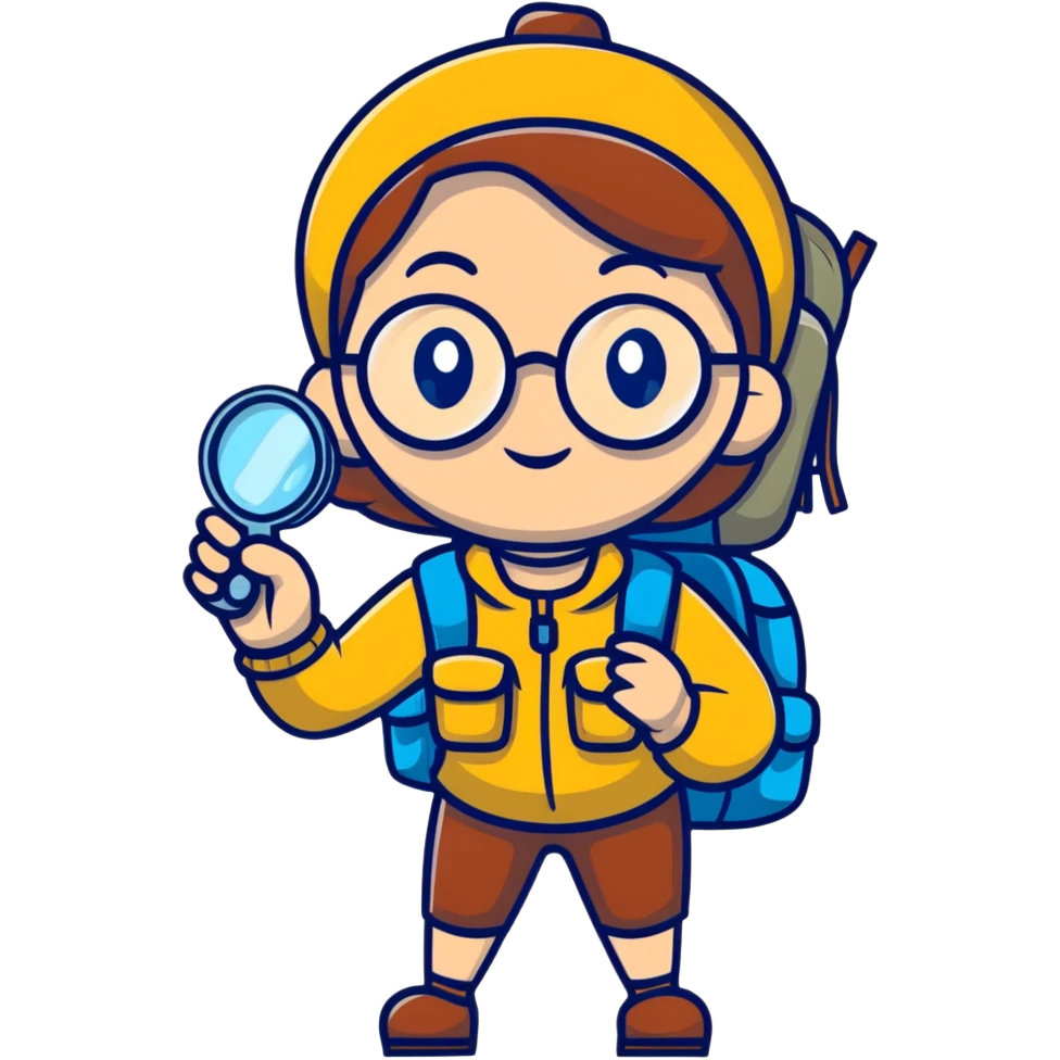 Cheerful woman explorer with glasses and backpack, holding a single magnifying glass in her hand emoji