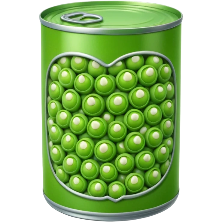 open metal can with plain label featuring green peas, top removed to show glossy plump green peas inside, peas look moist and tender brined, no extras, apple emoji style, soft lighting, transparent background, emoji scale emoji
